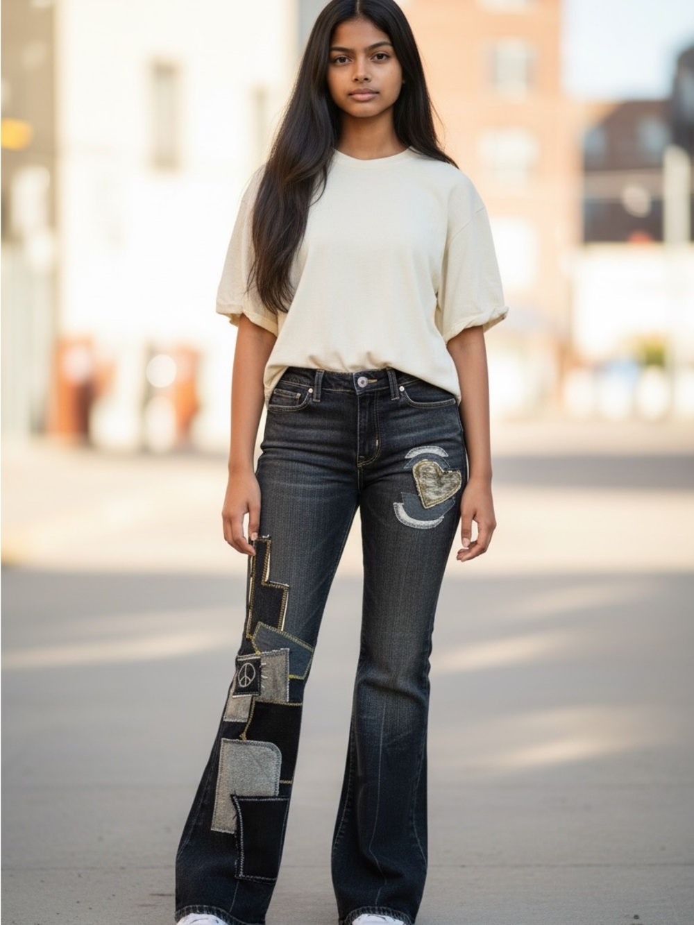 PAIGE Black Patchwork Flare Jeans with Contrasting Accents